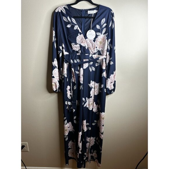 Petal + Pup Jumpsuit Women XL Navy Pink Floral Long Sleeve Wide-Leg Prairie Core - Picture 2 of 16